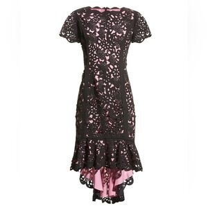 SHANI Black Pink Laser Cut Floral High-Low Crepe Cocktail Dress US 10 / UK 14